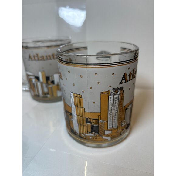 2 Atlanta Frosted Gold and Black City Building Stars Clear Glass Mugs - Picture 6 of 9